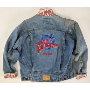 Vintage Planet Hollywood Paris Denim‎ Trucker Jean Jacket Men's M Embroidered